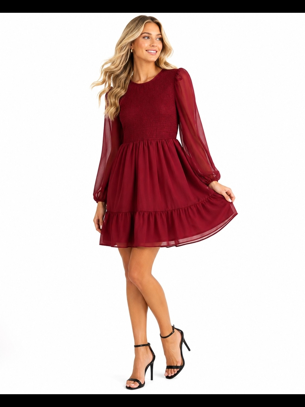 Lulus Burgundy Smocked Chiffon Mini Dress Size M Long Sleeve Tiered